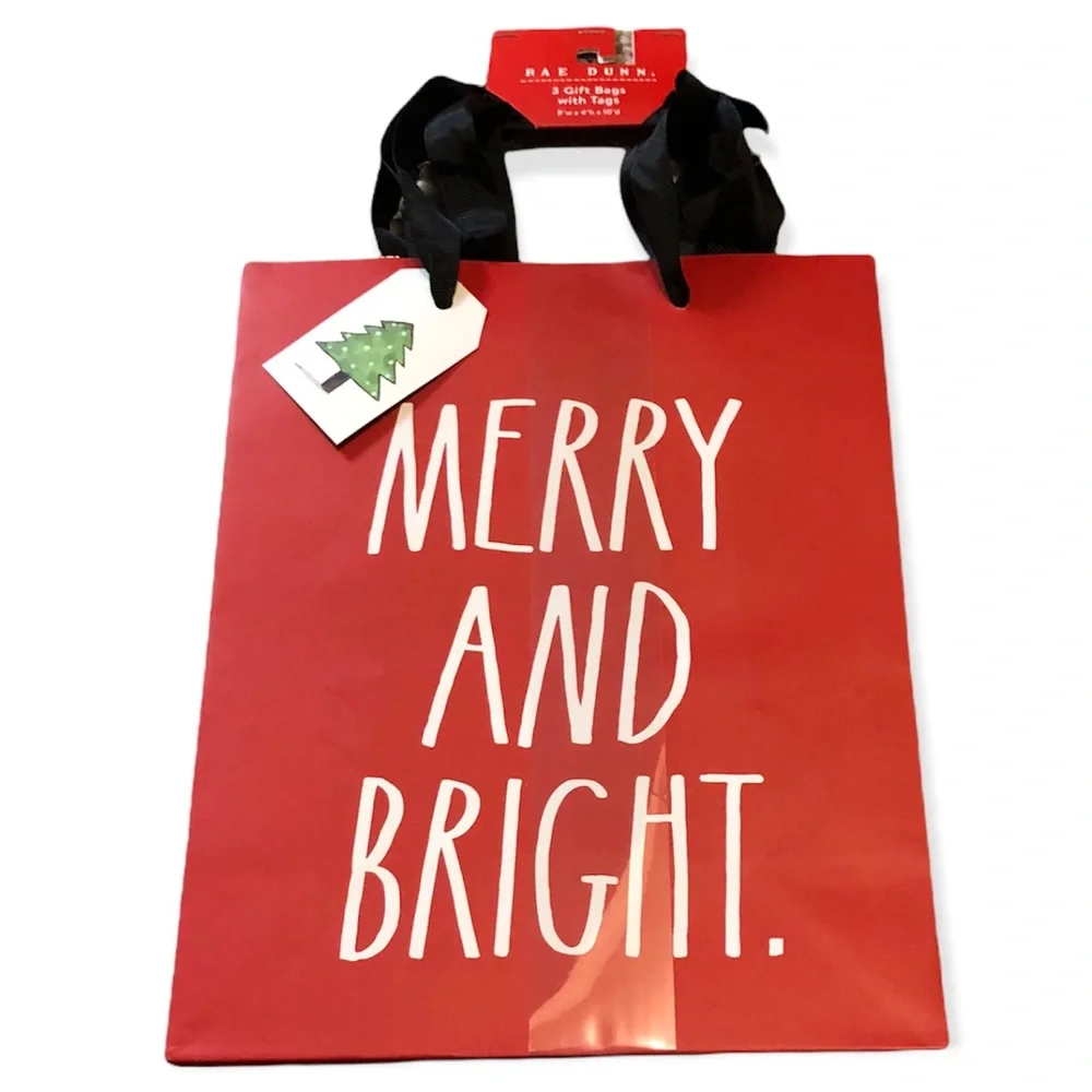 🆕 Rae Dunn MERRY and BRIGHT Gift Bags with Tags 3 Pack